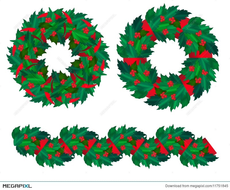 Set Of Christmas Holly Wreaths And Garland Illustration 11751845