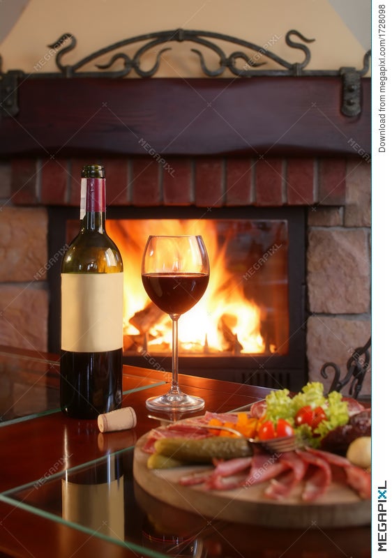 Fireplace And Red Wine 2 Stock Photo 1728098 Megapixl