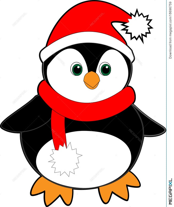 Black Penguin With A Red Santa Hat And Scarf Illustration 18696759 -  Megapixl