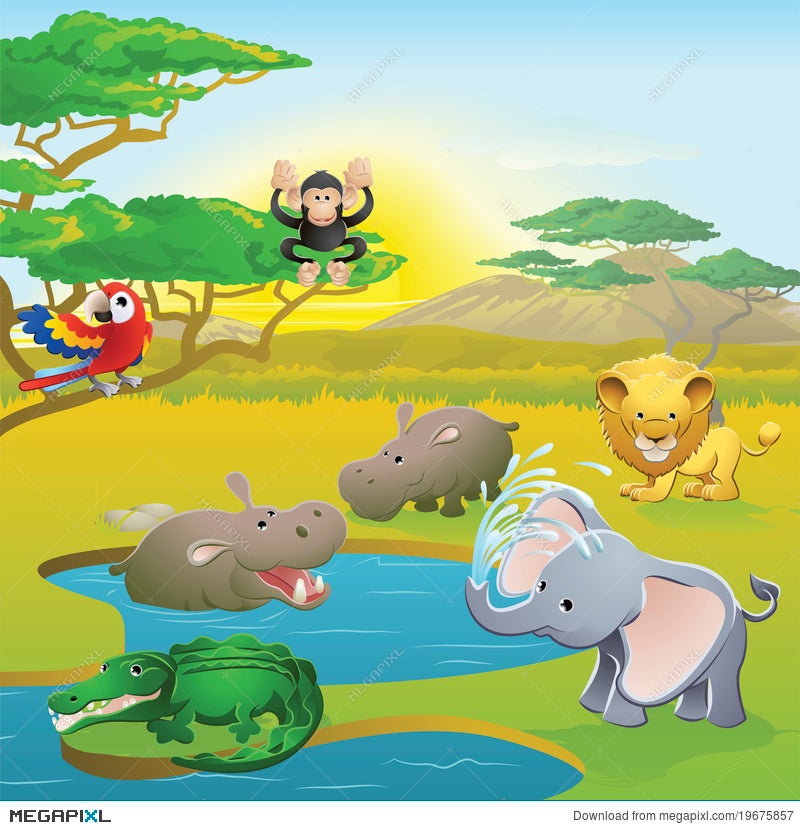 Cute African Safari Animal Cartoon Scene Illustration 19675857 - Megapixl