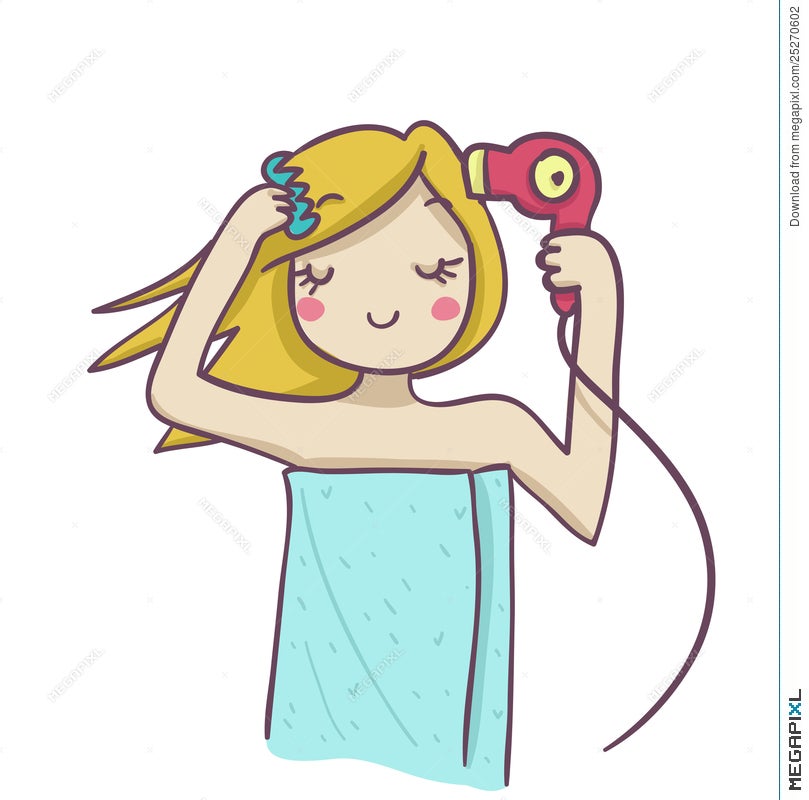 A Blond Woman Combing And Drying Her Blond Hair Wi Illustration 25270602 -  Megapixl