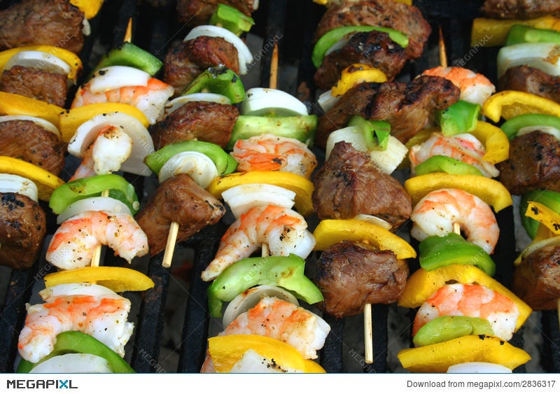 shrimp and steak kabobs on the grill