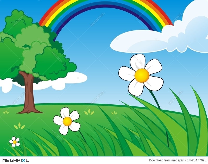 Grass Scene With Clear Sky And Rainbow Illustration 28477625 - Megapixl
