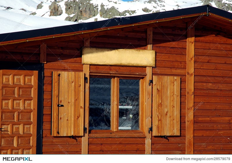 Log Cabin Window Snowy Mountains Background Stock Photo 28579079