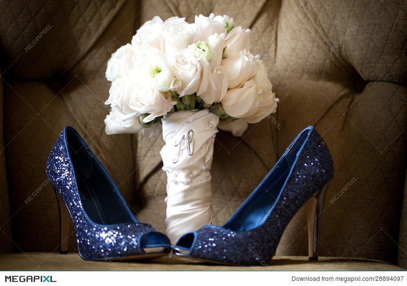 Blue Wedding Shoes White Rose Bouquet Stock Photo 28894097 Megapixl