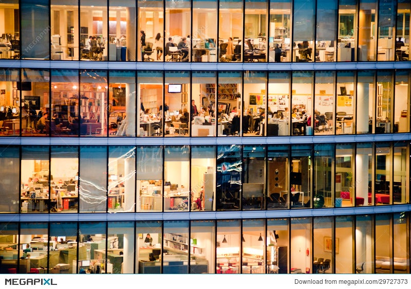 People Working In An Office Building At Night. Interior From The Window  Stock Photo 29727373 - Megapixl