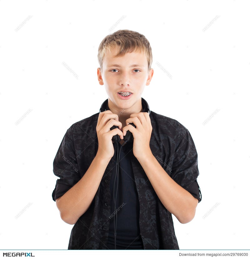 Portrait Of A Cute Teenage Boy With Headphones, Braces On Teeth Stock Photo  29769030 - Megapixl