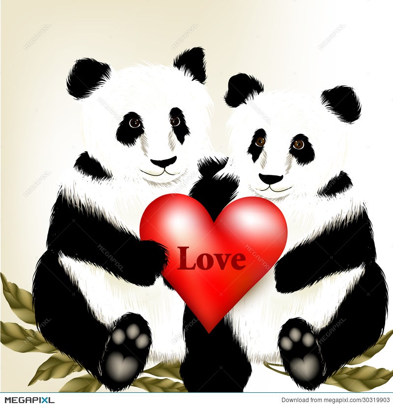 Cute Couple Of Cartoon Panda Bears Holding Big Red Heart With W  Illustration 30319903 - Megapixl