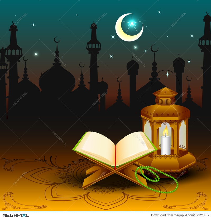 Quran With Lamp On Eid Mubarak Background Illustration 32221439 - Megapixl