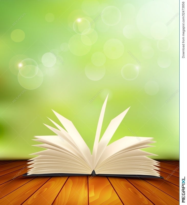 Open Book On A Wooden Floor In Front Of A Green Background Illustration  32473856 - Megapixl