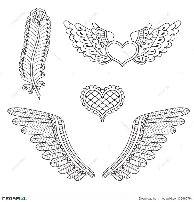 Set Tattoo Hearts Wings Feather Illustration Megapixl