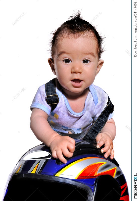 Cute Baby Uses Motorcycle Helmet Stock Photo 34147452 Megapixl