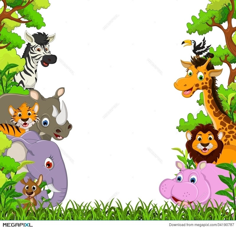 Cute Animal Cartoon With Tropical Forest Background Illustration 34190787 -  Megapixl