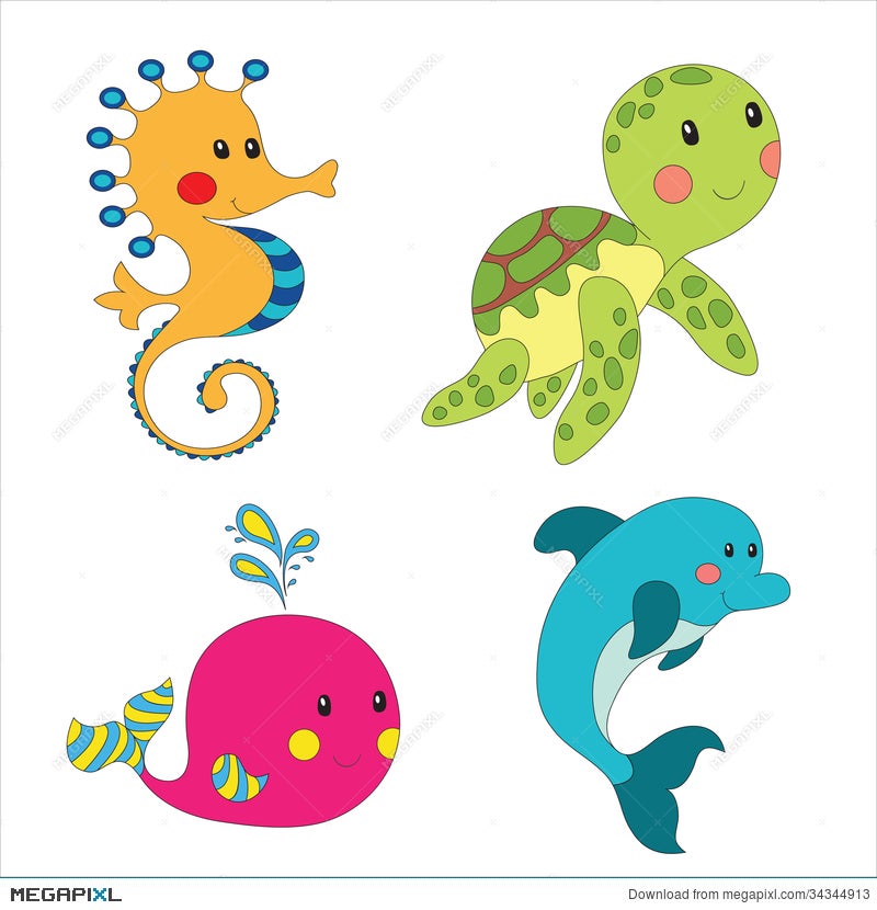 Set Of Cartoon Sea Creatures Illustration 34344913 - Megapixl