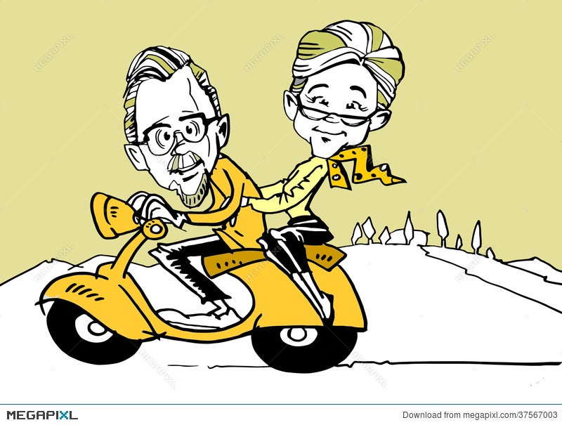 Scooter And Senior Old Couple Cartoon Illustration 37567003 - Megapixl