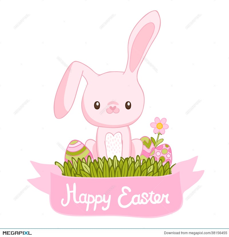 Happy Easter Cartoon Cute Bunny And Eggs Illustration 38156455 - Megapixl