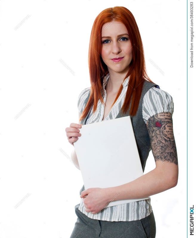 Young Tattooed Business Woman On White Background Holding White Stock Photo  38493283 - Megapixl