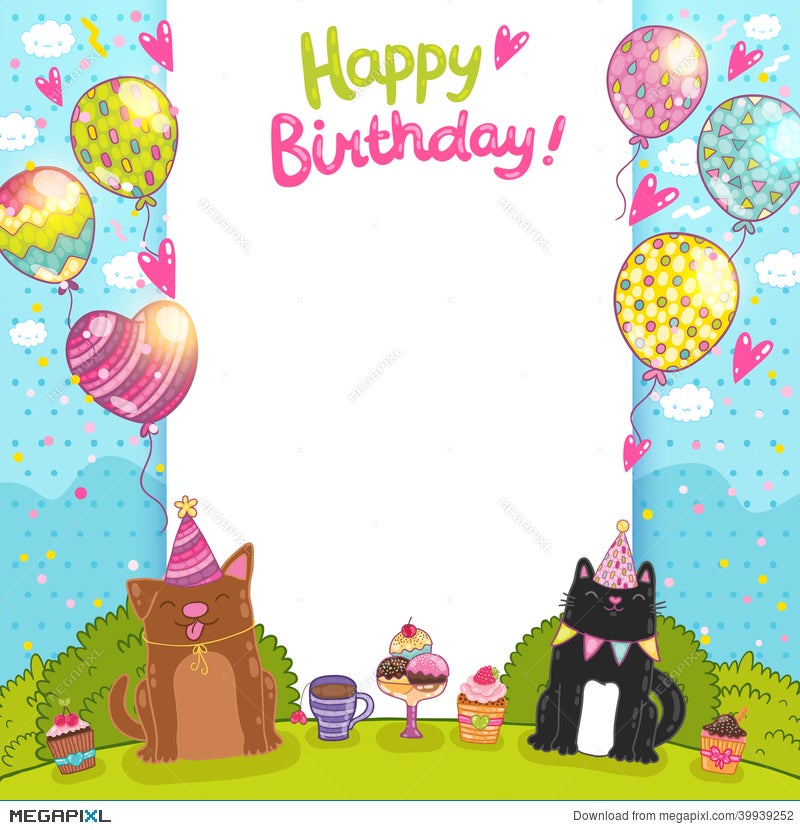 Happy Birthday Background With A Cat, Dog Illustration 39939252 - Megapixl