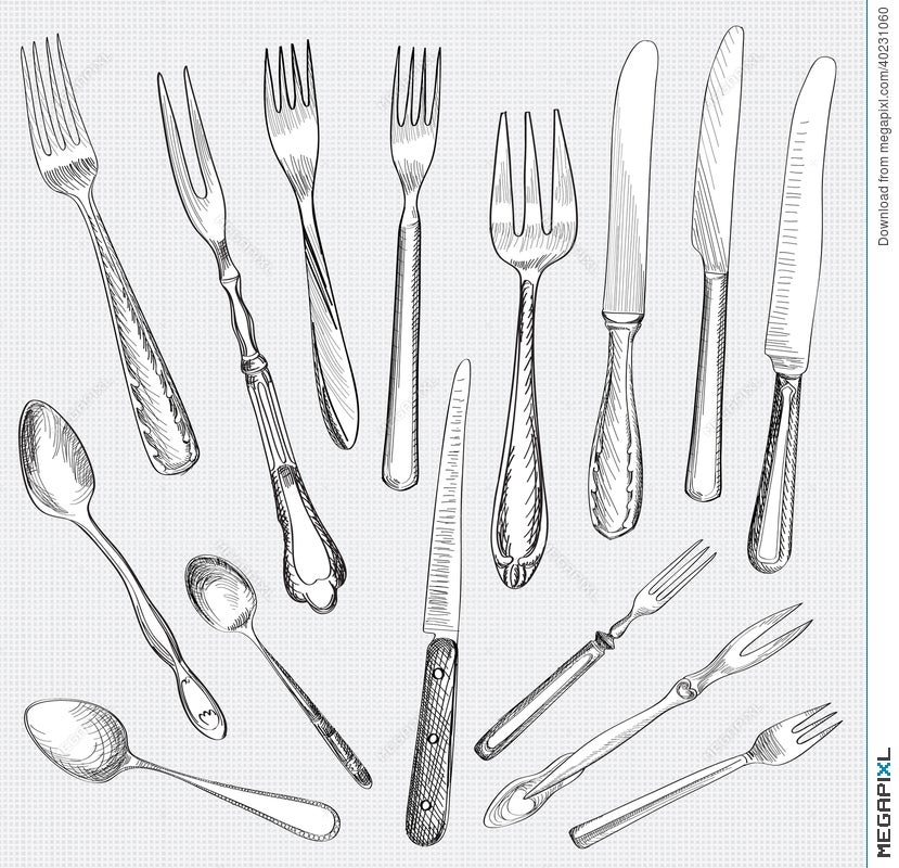 Fork Knife Spoon Hand Drawing Sketch Set Illustration