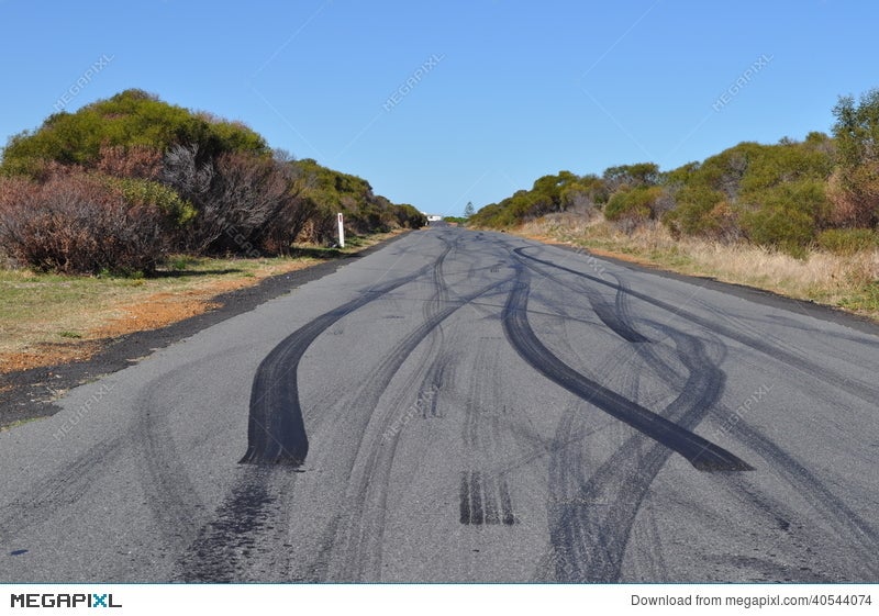 car tyre tire skid marks on urban asphalt road stock photo 40544074