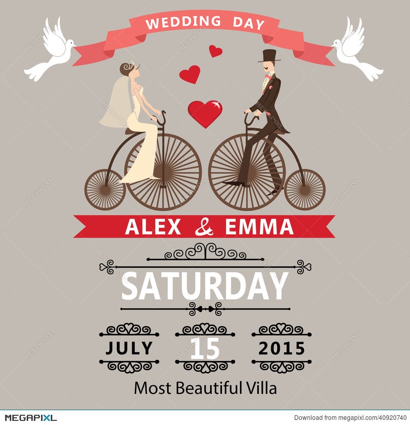 Wedding  Bride Groom On Retro Bike Illustration 40920740  - Megapixl
