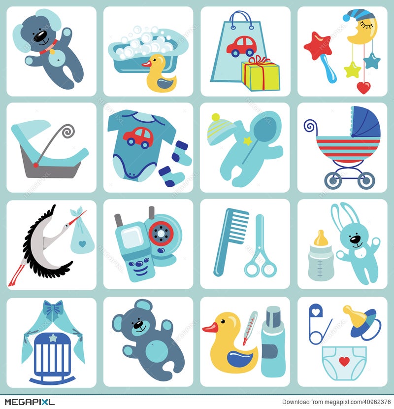Cute Cartoons Icons For Baby Boy. Newborn Set Illustration 40962376 -  Megapixl