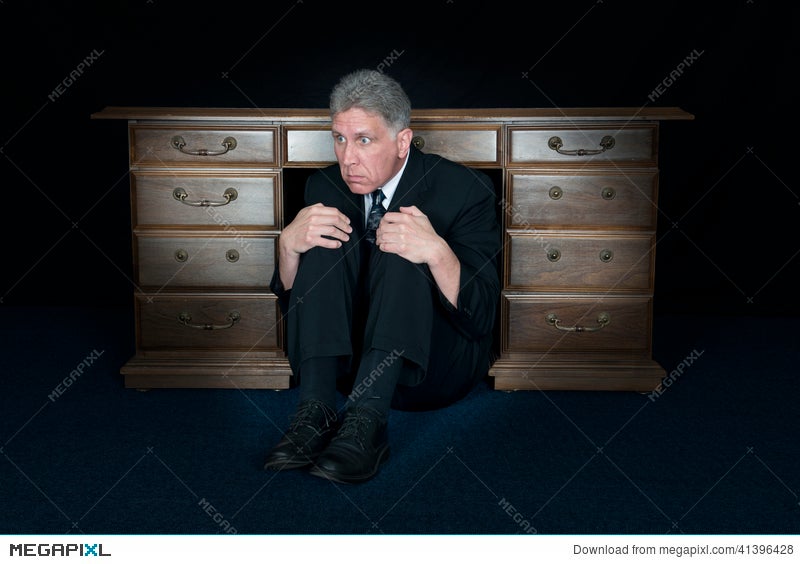 Funny Scared Fear Businessman Hide Under Office Desk Stock Photo