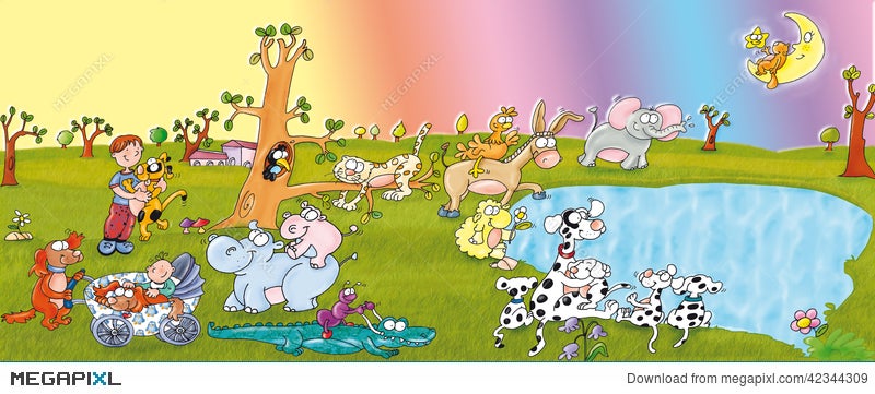 Animal Park, Lake, Dogs And Children, Happy. Illustration 42344309 -  Megapixl