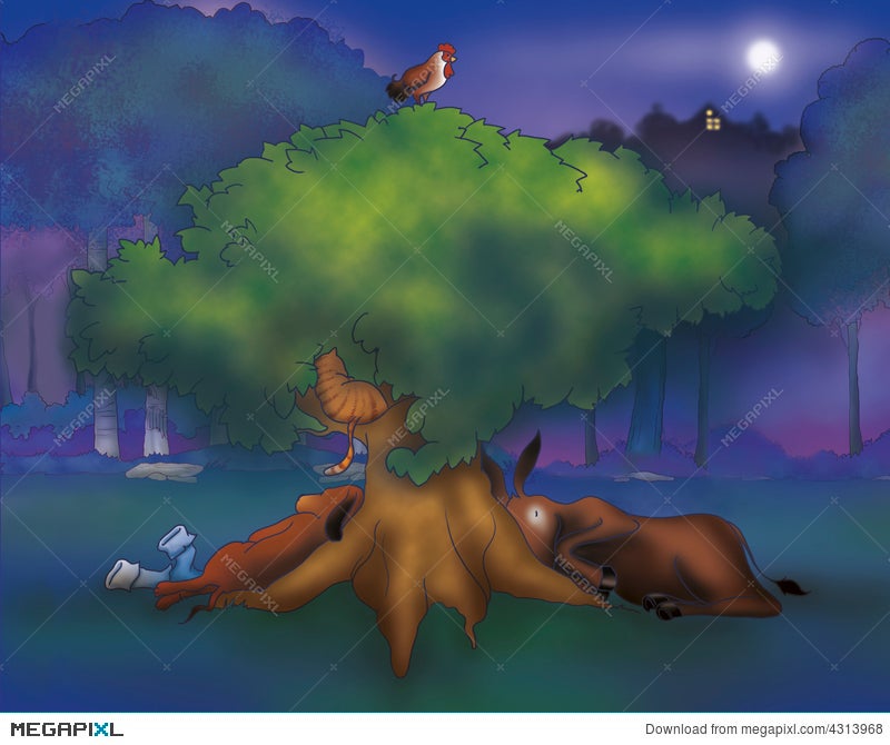 Donkey Dog Rooster And Cat Sleeping Illustration 4313968 - Megapixl