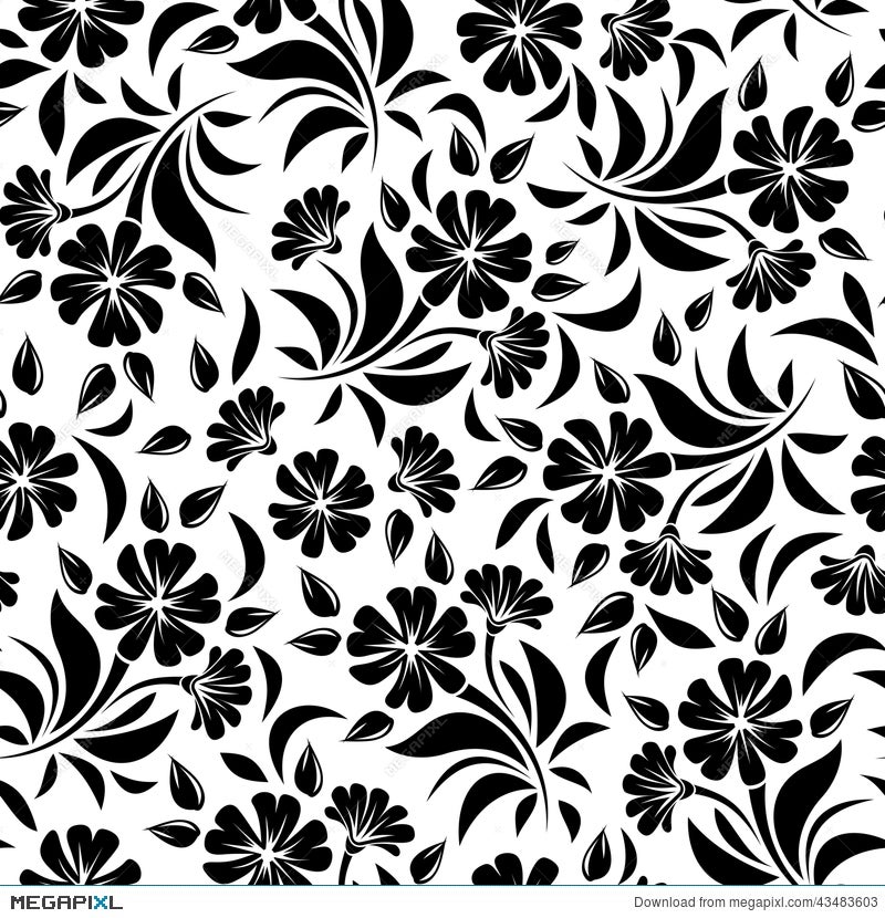 Seamless Pattern With Black Flowers On A White Background. Vector  Illustration. Illustration 43483603 - Megapixl