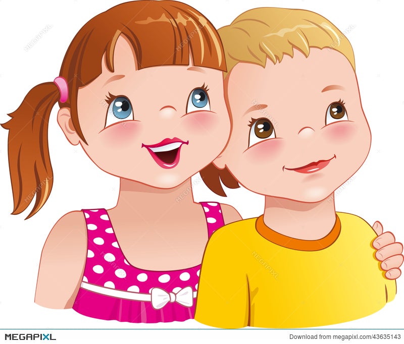 Girl Hug A Boy - Cute Kids Looking Up And Smiling Happily. Vector  Illustration Illustration 43635143 - Megapixl