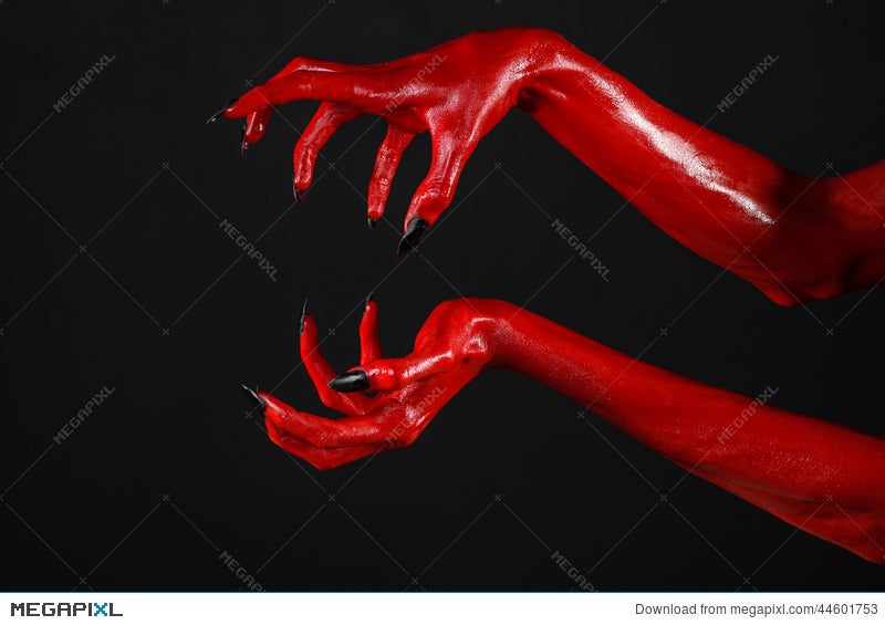 Red Devil S Hands With Black Nails Red Hands Of Satan Halloween Theme On A Black Background Isolated Stock Photo 44601753 Megapixl