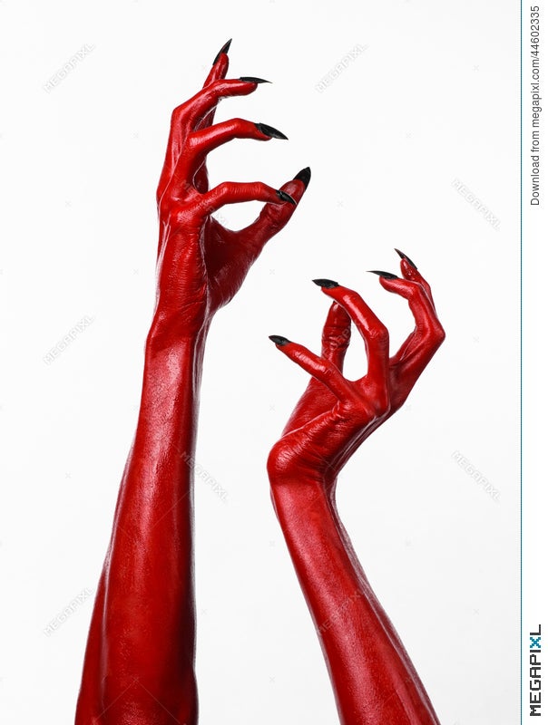 Red Devil S Hands With Black Nails Red Hands Of Satan Halloween Theme On A White Background Isolated Stock Photo 44602335 Megapixl