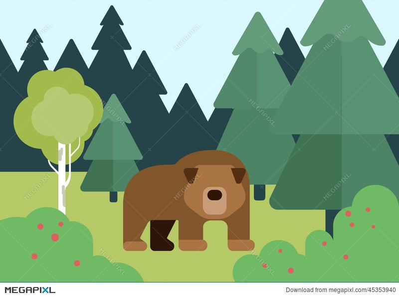 Flat Design Cartoon Vector Wild Animals Bear In The Forest Illustration Megapixl