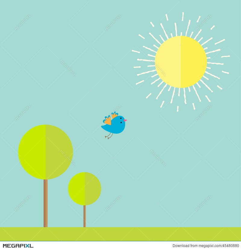 Sun Sky Tree Grass Bird Summer Landscape In Flat Design Style Illustration 45480880 Megapixl