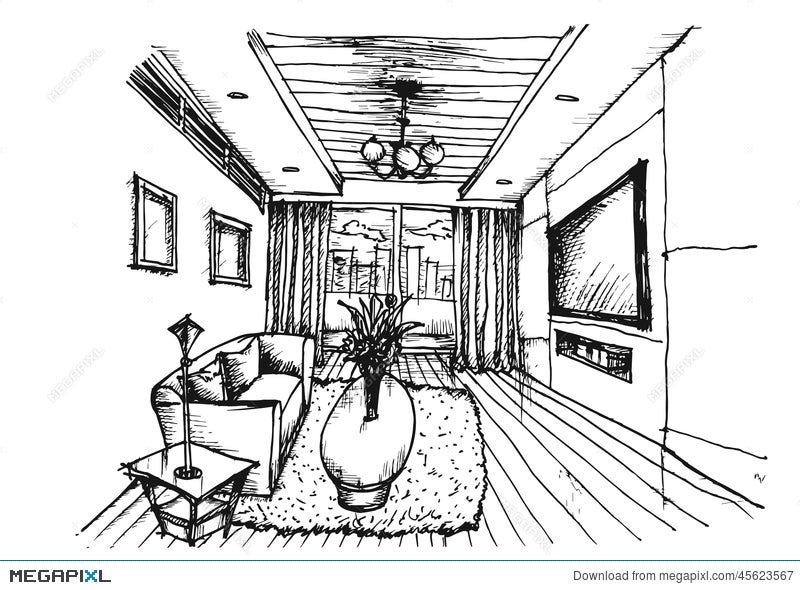 Modern living room interior set furnished drawing Vector Image
