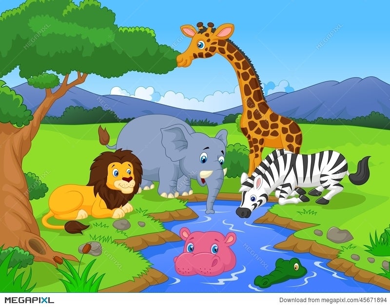 Cute African Safari Animal Cartoon Characters Scene Illustration 45671894 -  Megapixl