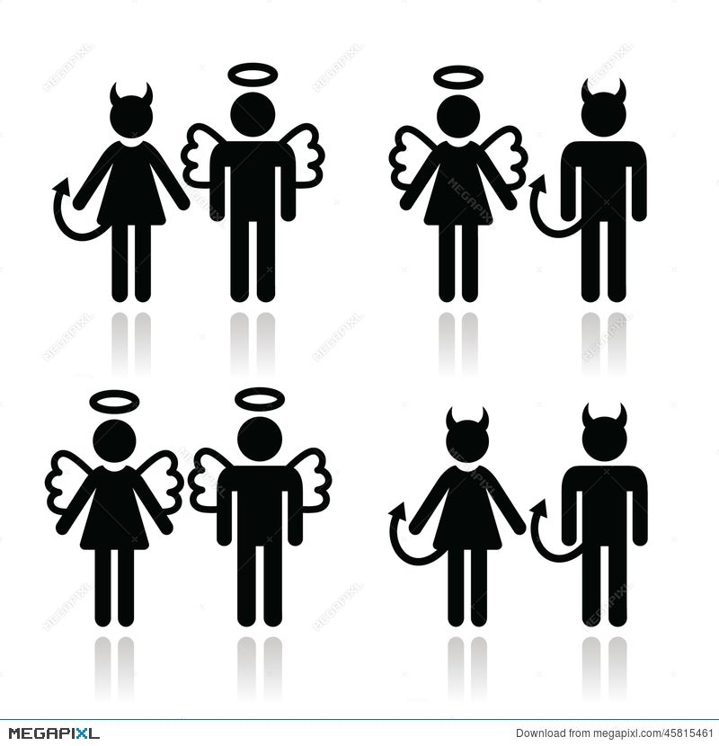 Couples Devil And Angel Man And Woman Icons Set Illustration