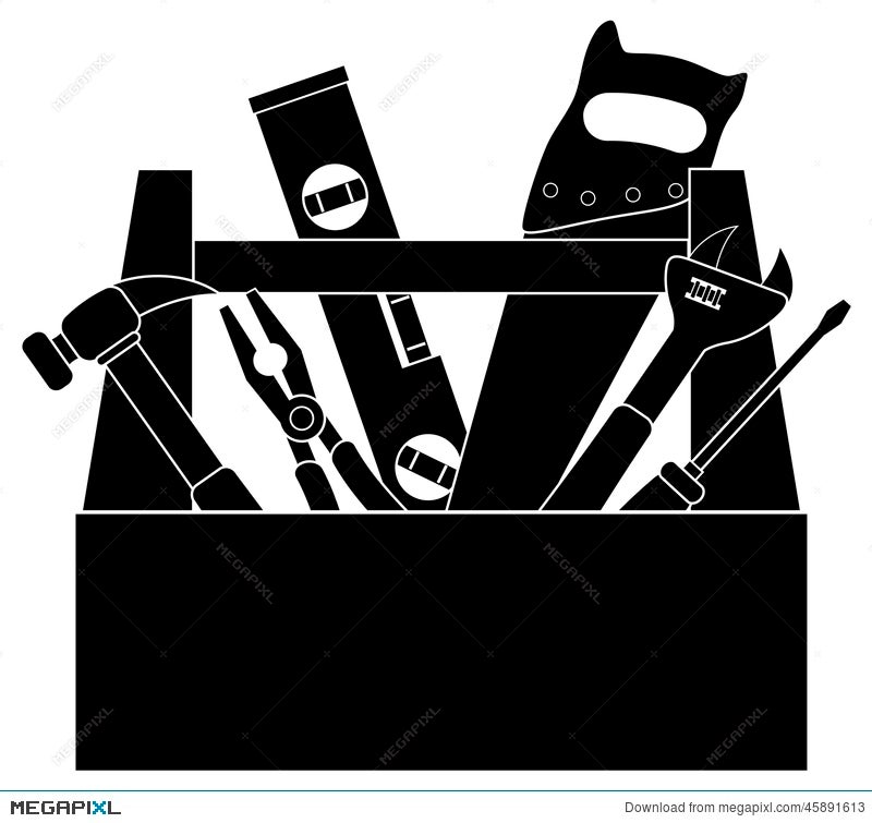 Construction Tools In Tool Box Black And White Vector Illustration Illustration Megapixl