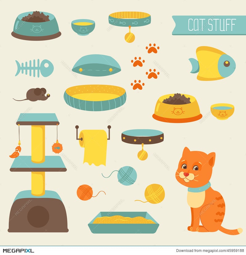 Cat Stuff Collection, Cat Toys, Cat Food Illustration 45959188 - Megapixl