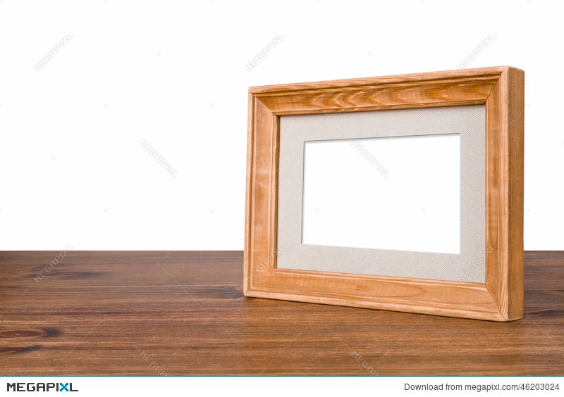 Blank Wooden Picture Frame On Table Over White Background Stock Blank Wooden Picture Frame On Table Over White Background