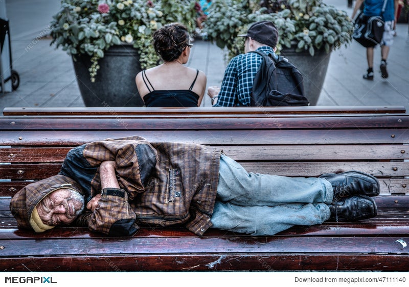 Homeless Senior Man Sleeping On Park Bench Stock Photo Megapixl