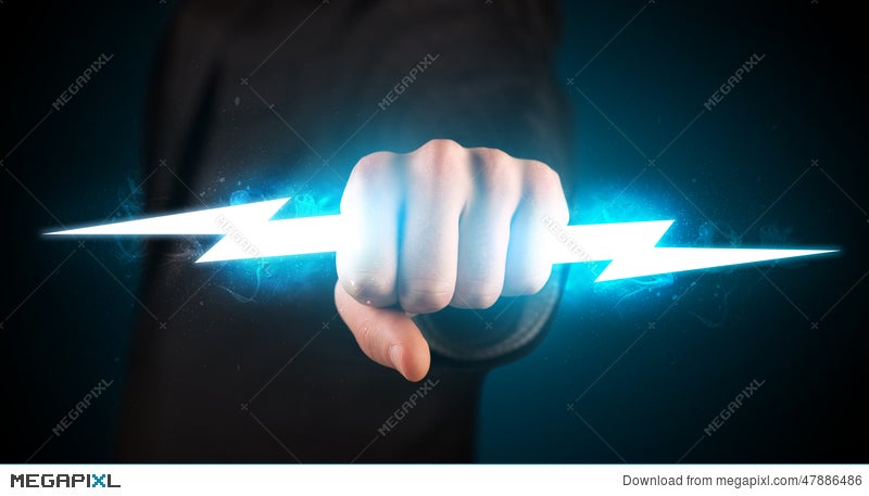 Business Man Holding Glowing Lightning Bolt In His Hands Stock Photo  47886486 - Megapixl