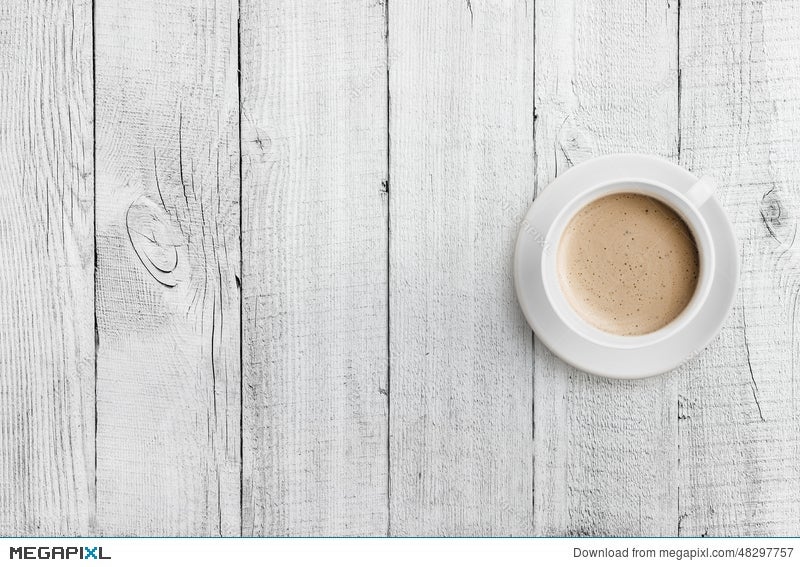 Coffee Cup Top View On White Wood Table Background Stock Photo 48297757 -  Megapixl