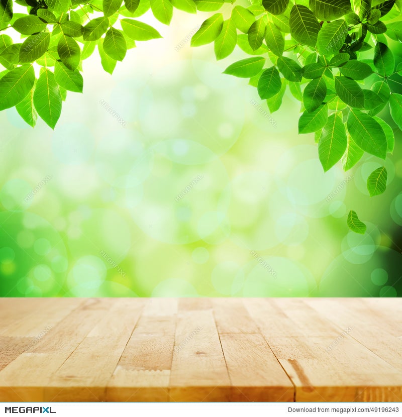 Wood Table Top With Green Leaf & Blur Bokeh Background Stock Photo 49196243  - Megapixl