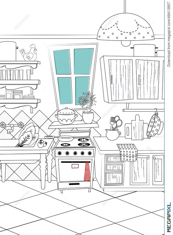 Black And White Kitchen Cartoon Style Background - Illustration  Illustration 49413807 - Megapixl