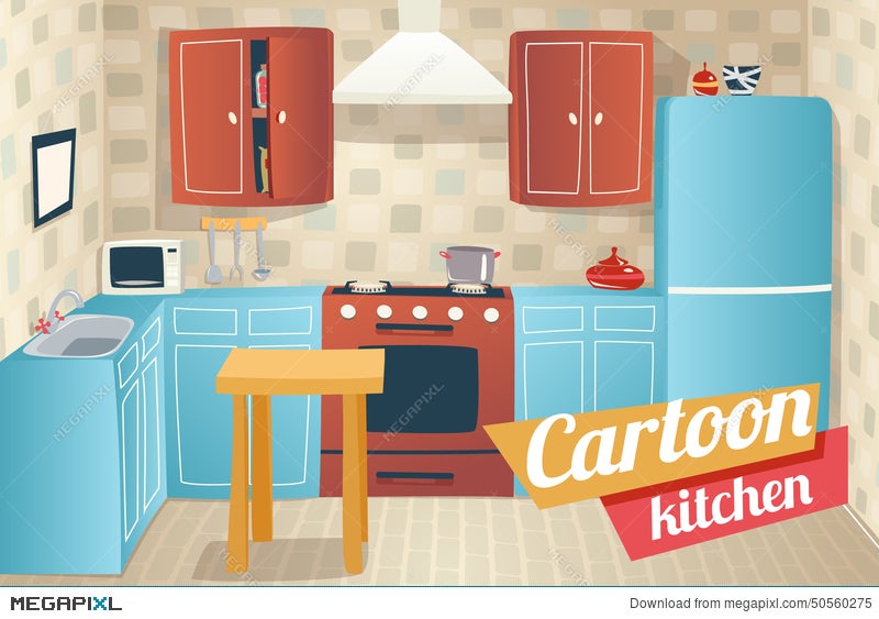 Kitchen Furniture Accessories Interior Cartoon Illustration 50560275 -  Megapixl