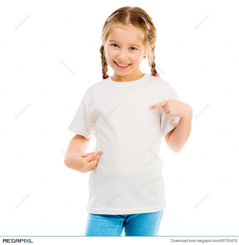Cute Little Girl In A White T Shirt And Blue Jeans Stock Photo Megapixl