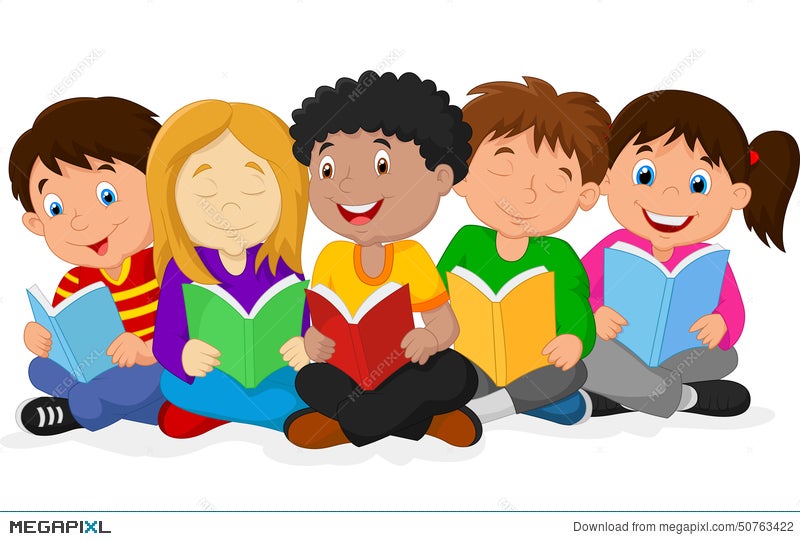Happy Children Cartoon Lying On The Floor While Reading Books Illustration  50763422 - Megapixl