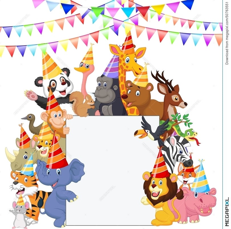Safari Animals Cartoon Wearing Party Hats Illustration 50763551 - Megapixl